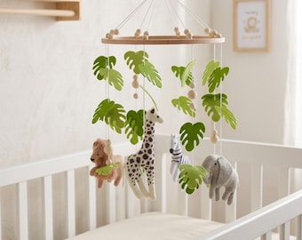 Safari Baby Mobile: Felt Animals, Leaves, Wooden Hoop Nursery Decor
