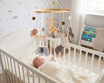 Wooden Safari Animal Baby Mobile, Boho Neutral Nursery Decor, Felt Ball Crib Bed Bell