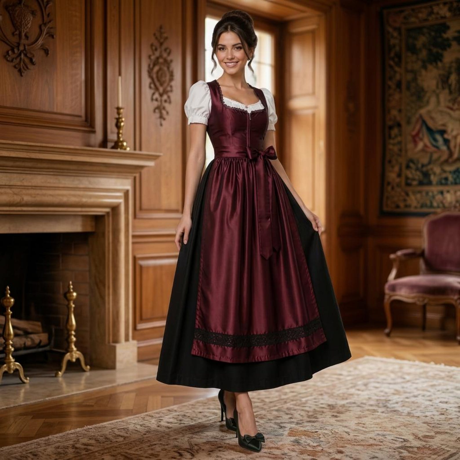 Burgundy Long Maxi Dirndl Dress Women | German Austrian Bavarian Alpine Oktoberfest Outfit