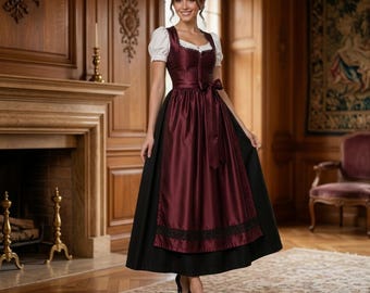Burgunderfarbenes langes Maxi-Dirndlkleid für Damen | Deutsch-Österreichisches bayerisches Alpen-Oktoberfest-Outfit