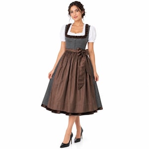 Grijze wollen dirndljurk 3-delig | Bruin satijnen schort | Duitse jurk voor dames, Beierse outfits
