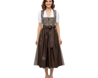 Conjunto de dirndl midi con corpiño de seda estampado de leopardo – Falda de algodón marrón, delantal de satén, blusa blanca