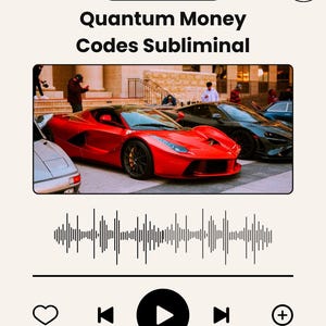 May include: An image with the text "Spiritual Laws Subliminals" and "Quantum Money Codes Subliminal." The image features a red sports car in the foreground, with a black sports car behind it. A timer shows 20 minutes. There are audio controls at the bottom.