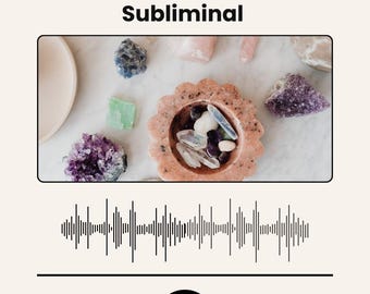 May include: A digital graphic with the text "Spiritual Awakening Subliminal." The image includes a flower-shaped bowl with crystals, surrounded by other crystals in various colors. A play button and audio waveform are also present.