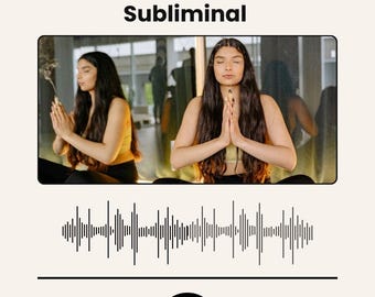 May include: An image with the text "Spiritual Laws Subliminals" and "Reality Bender Subliminal." It features a woman meditating with her hands together. The image also includes a 20-minute timer, audio waveform, and media control icons.