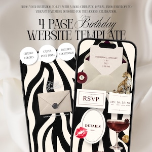 Zebra Print Birthday Party Invitation Website, Black White Glam Digital Evite Editable in Canva, RSVP Instant Download
