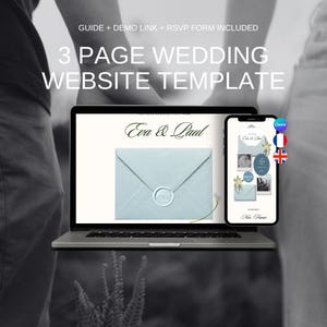 Peut inclure: Un modèle de site web de mariage de 3 pages affiché sur un écran d'ordinateur portable et un smartphone. L'écran montre le texte Eva & Paul au-dessus d'une enveloppe bleu clair avec un sceau de cire. Le texte GUIDE + DEMO LINK + RSVP FORM INCLUDED est visible.
