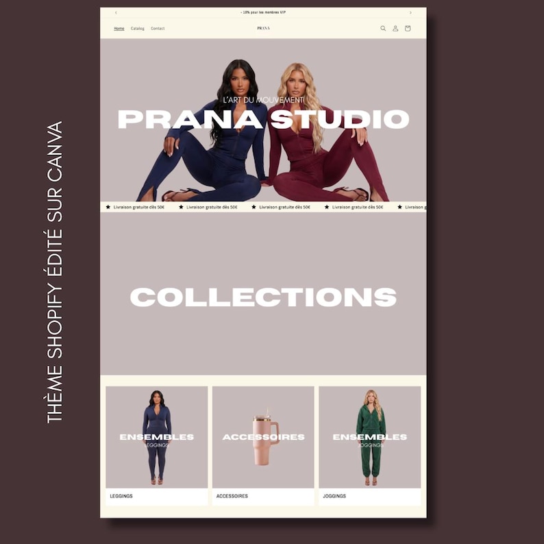 May include: Website screenshot featuring the "PRANA STUDIO" logo and the text "L'ART DU MOUVEMENT". The website showcases collections of ensembles, accessories, leggings, and joggers. The color scheme is neutral with images of models in various outfits.
