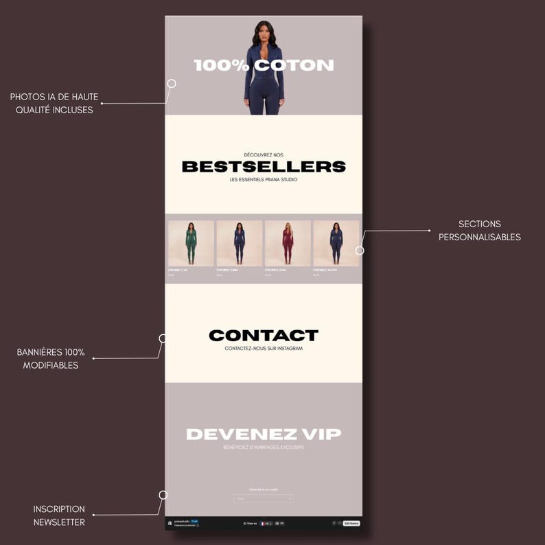 May include: A webpage layout featuring a woman in a navy blue jumpsuit, with the text "100% COTON" above. The page includes sections for bestsellers, contact information, and a VIP sign-up. Additional text includes "PHOTOS IA DE HAUTE QUALIT&Eacute; INCLUSES".