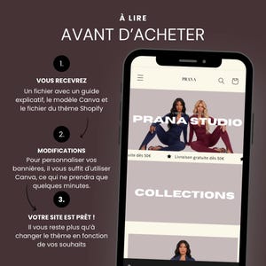 May include: A smartphone screen displays a website with the text "PRANA STUDIO" and a photo of two women in matching outfits. The screen also shows the words "COLLECTIONS" and instructions in French: "&Agrave; LIRE AVANT D'ACHETER."