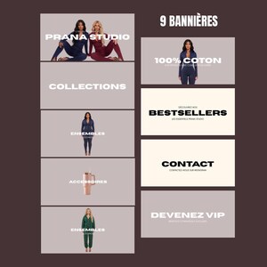 May include: A promotional graphic with the text "9 BANNI&Egrave;RES" and "PRANA STUDIO." It features images of women in various outfits, including jumpsuits and a tumbler. Other text includes "COLLECTIONS," "ENSEMBLES," "ACCESSOIRES," "100% COTON," "BESTSELLERS," "CONTACT," and "DEVENEZ VIP."