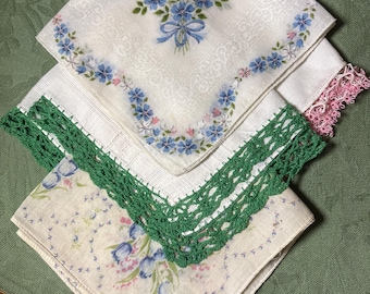Pañuelos vintage multicolores para mujer con 2 bordes de ganchillo, juego de 4 en total