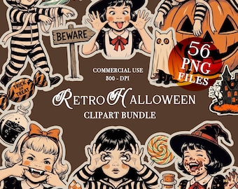 Halloween vintage retrò classico clipart adesivi png carino divertente stravagante ragazza vampiro strega tagli di precisione download digitale spettrale 50'