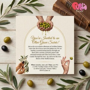 May include: An invitation for an Olive Grove Soir&eacute;e, featuring olives and olive branches. The text reads "You're Invited to an Olive Grove Soir&eacute;e!" with event details. The design includes illustrations of hands holding olives and olive branches.