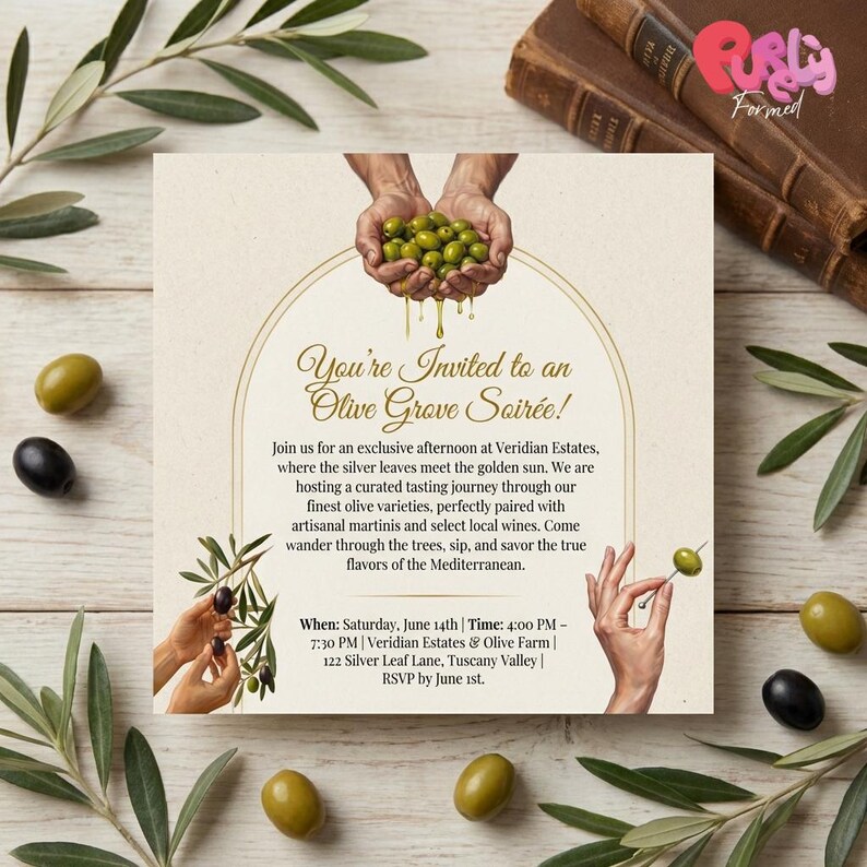May include: An invitation for an Olive Grove Soir&eacute;e, featuring olives and olive branches. The text reads "You're Invited to an Olive Grove Soir&eacute;e!" with event details. The design includes illustrations of hands holding olives and olive branches.