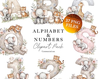 Animal Watercolor Clipart PNG, Cute Numbers and Letters, Digital Download for Kids, Alphabet Art, Nursery Decor, baby shower graphics design