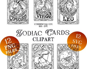 Zodiac cards SVG PNG clipart bundle set tarot cards zodiac signs art nouveau astrology stars constellation svg png transparent background