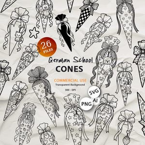 May include: A collection of black and white line drawings of German school cones, featuring patterns like stars, hearts, and animal motifs. The image includes the text "German School CONES" and "26 FILES".