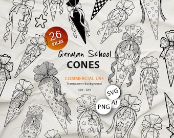 Coni scolastici tedeschi File SVG, AI, PNG download digitale Schultüte Zuckertüte school cone-bag first grader uso commerciale bianco e nero