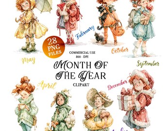 Clipart dei mesi dell'anno, bambini carini per ogni mese, grafica stagionale ad acquerello, calendario scolastico per bambini, clipart mensile per bambini PNG digitale