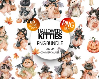Gatti di Halloween ad acquerello Clipart gattini carini stravaganti e bizzarri in costumi spettrali pacchetto PNG gatto strega gatto zucca animali festivi autunnali