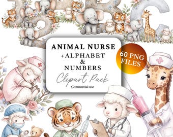 Immagini clipart di infermieri veterinari, guaritori e dottori ad acquerello per bambini, simpatici animali medici, ospedale pediatrico, pacchetto PNG, assistenza sanitaria, arte veterinaria