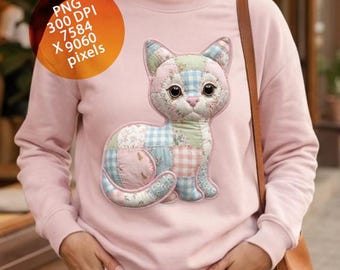Gatto trapuntato patchwork PNG, disegno a sublimazione di un gattino, clipart ad alta risoluzione (download immediato)