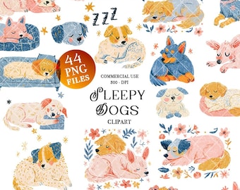 Simpatici cani addormentati Clipart disegnati a mano con matita colorata pastello cucciolo PNG Pacchetto set stravagante pastelli illustrazioni di rifugio per cani disegnate a mano