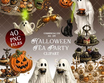 Pacchetto di clipart per la festa del tè di Halloween, set di immagini PNG, tazze da tè spettrali, zucche, gatto nero gotico, tazza, tè infestato, teiera fantasma, illustrazioni