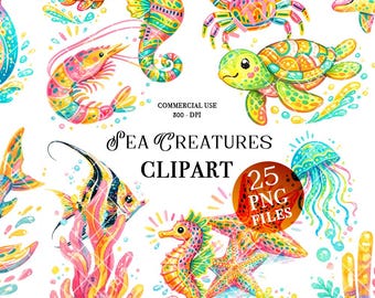 Immagini clipart PNG di creature marine preppy con sfondo trasparente: granchio, gambero, pesce, oceano, illustrazioni colorate e vivaci, cavalluccio marino, medusa