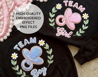 Design PNG per la rivelazione del sesso del bambino, ciuccio "Team Maschio/Femmina", maglietta per baby shower (download digitale)