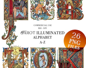 Lettere miniate dei tarocchi, alfabeto medievale PNG clipart, alfabeto mistico di Halloween, floreale spirituale e stregonesco, lettere occulte degli arcani maggiori