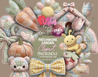 Pacchetto di clipart "Giardino a patchwork" in formato PNG, elementi per baby shower primaverili e pasquali (download digitale)