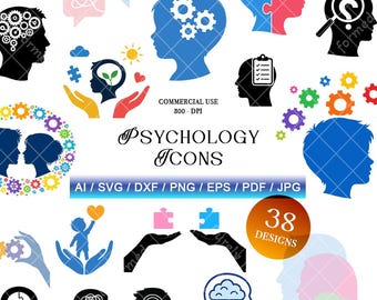Set di icone di psicologia in formato vettoriale Svg, Ai, Png, Eps, Pdf, Dxf, Pdg, immagine di psicologia per bambini, illustrazione semplice, simboli, logo, uso commerciale