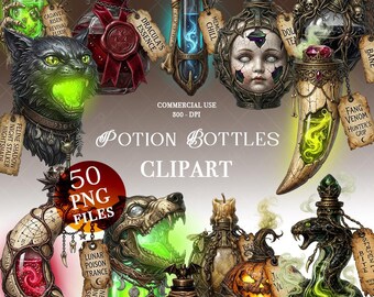 Spettrale bottiglia di pozione di Halloween dark Academia clipart set di immagini PNG sfondo trasparente gotico Stregoneria magia horror barattolo da speziale