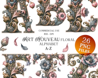 Alfabeto inglese Art Nouveau floreale illuminato, 26 lettere PNG, pacchetto di cartoline, clipart, sfondo trasparente, uso commerciale, download digitale