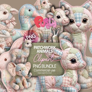 May include: A collection of patchwork animal clip art in soft pastel colors. The image features a variety of stuffed animals, including a lamb, duck, cow, cat, and deer, all made from patterned fabric. The text "PATCHWORK ANIMALS Clipart PNG BUNDLE Commercial use" is also visible.