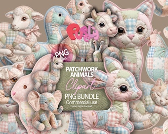 Pacchetto di clipart di animali patchwork trapuntati, design per sublimazione di cuccioli di animali (download immediato)