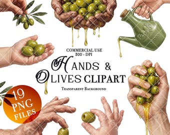 Pacchetto di clipart di mani con olive in formato PNG, download digitale, olio d'oliva appena spremuto, estrazione del succo dalle olive, mani di bambino, mano maschile, mano femminile