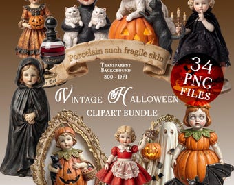 Halloween porcelain vintage retro spooky clipart PNG antique doll distressed victorian halloween retro creepy cute dolls girls bundle set