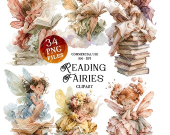 Immagini clipart di fate che leggono, libro di fiabe, pacchetto PNG di fate, set di immagini di ragazze elfe che leggono, illustrazioni ad acquerello di ragazze elfe lettrici.