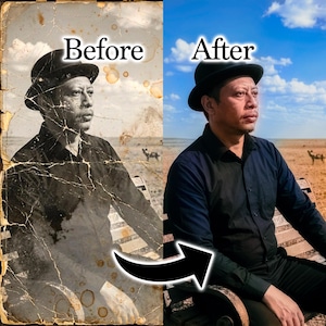 May include: Image comparison showing a before and after photo restoration. The "Before" image is a sepia-toned, damaged photograph of a person in a hat. The "After" image is a color photo of the same person, also wearing a hat, against a blue sky.