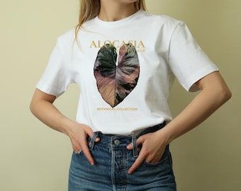 Camiseta de algodón premium con estampado de hojas variegadas rosas de Alocasia Serendipity, camiseta para coleccionistas de plantas botánicas.