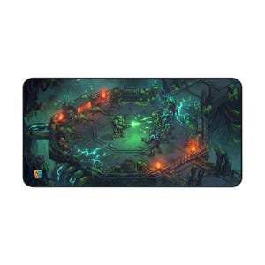 May include: Rectangular gaming mousepad featuring a fantasy battle scene. The artwork depicts armored figures in a swampy environment, with green and blue hues dominating the color palette. The design includes detailed illustrations of characters and structures, creating a dynamic and immersive visual.