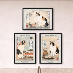 Japanse keukenkunst Calico Cat - Set van 3 poëtische prints - Ukiyo-e Dining Room Art | Schildpad en wit