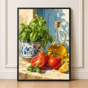 May include: A framed still life painting featuring a basil plant in a blue and white pot, ripe tomatoes, a glass cruet of olive oil, and a lemon wedge. The painting has a warm, inviting color palette and captures the essence of Italian cuisine.