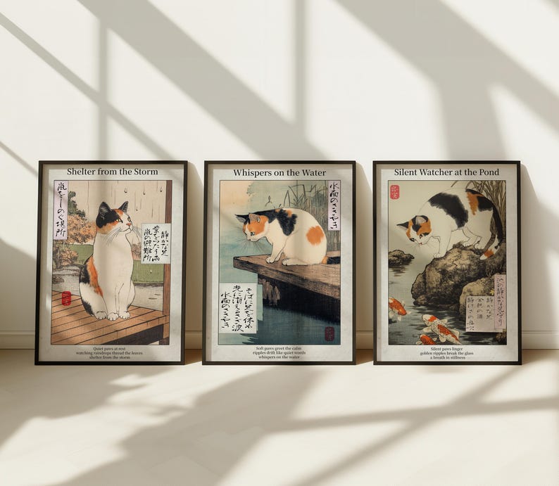 Calico Cat Art Set - Japanese Inspired Bathroom Wall Decor - Etsy