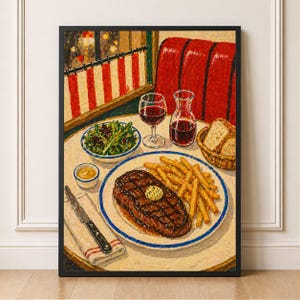 May include: A framed print of a restaurant scene. A grilled steak with butter, french fries, salad, and wine are on a table. A red booth and a window with red and white striped curtains are in the background.