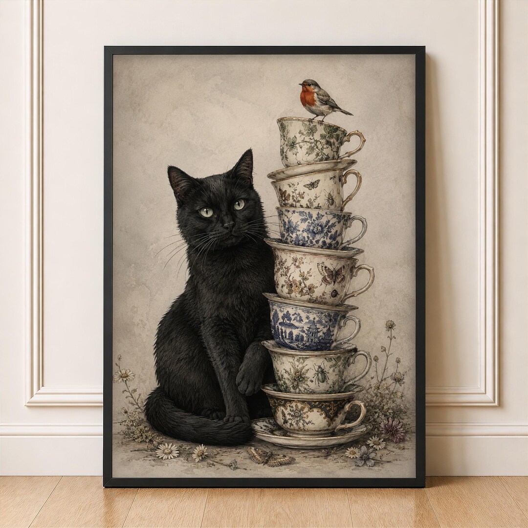 Black Cat Wall Art Vintage Teacup Robin Print Etsy UK black-cat-wall-art-vintage-teacup-robin-print-etsy-uk