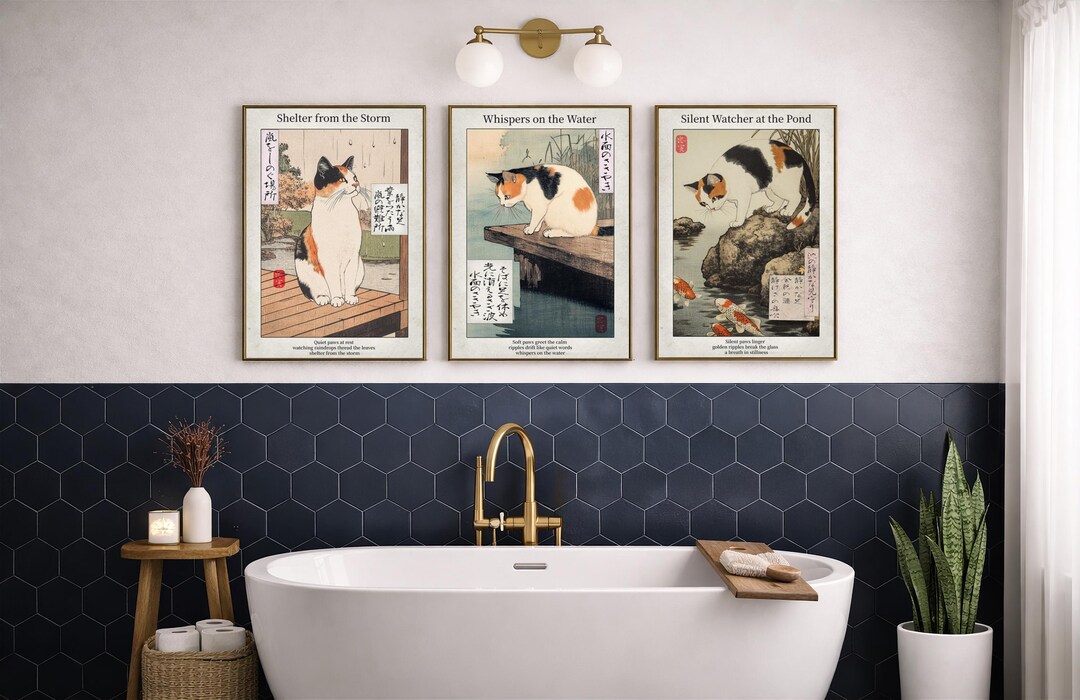Calico Cat Art Set - Japanese Inspired Bathroom Wall Decor - Etsy